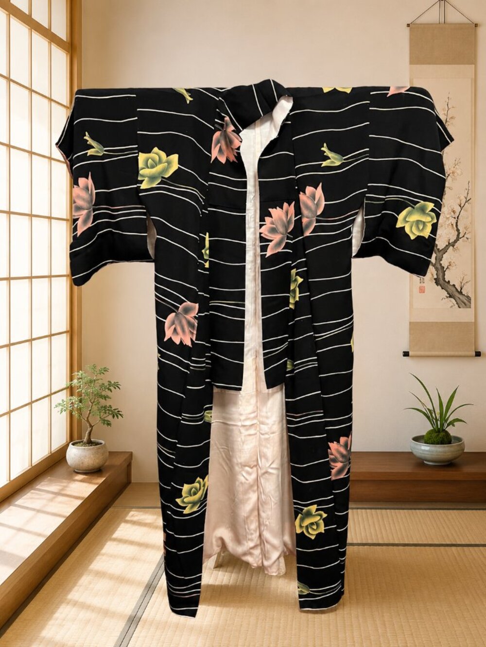 Vintage Japanese Kimono Black Floral Stripe Robe Flowers Family Collection